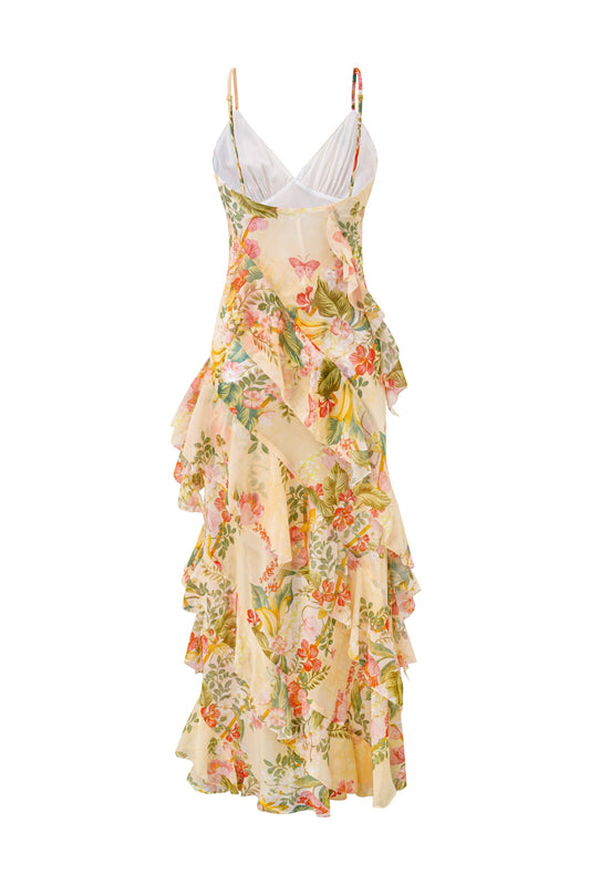 HEYCHIC Sunfire Yellow Ruffle Maxi Dress (Floral)