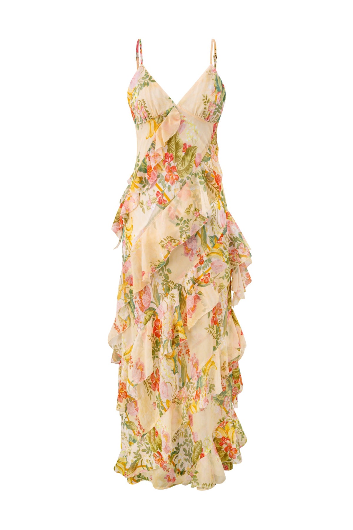 Image of Dresses. Product name - Sunfire Yellow Floral Ruffle Maxi Dress in Floral colour by brand - HEYCHIC