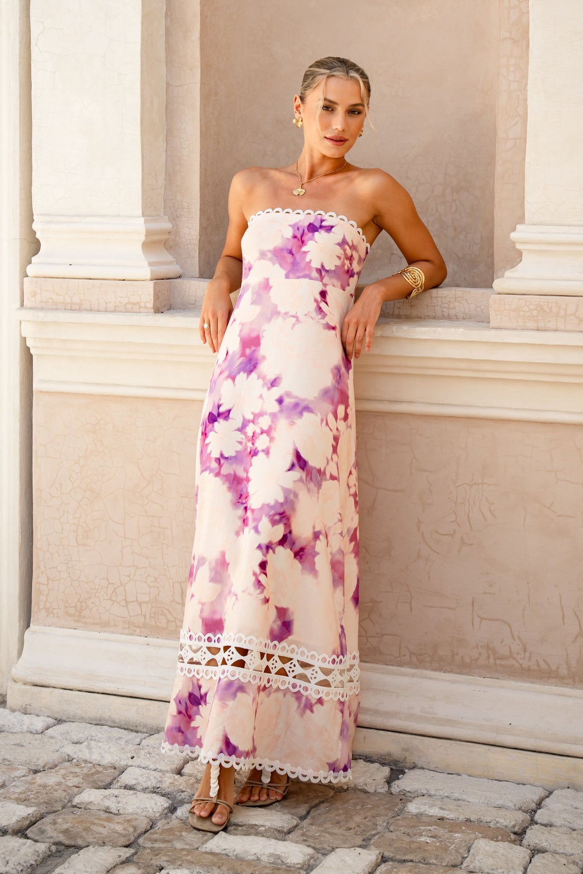 Image of Dresses. Product name - Bloom Purple Floral Strapless Maxi Dress in Floral colour by brand - HEYCHIC