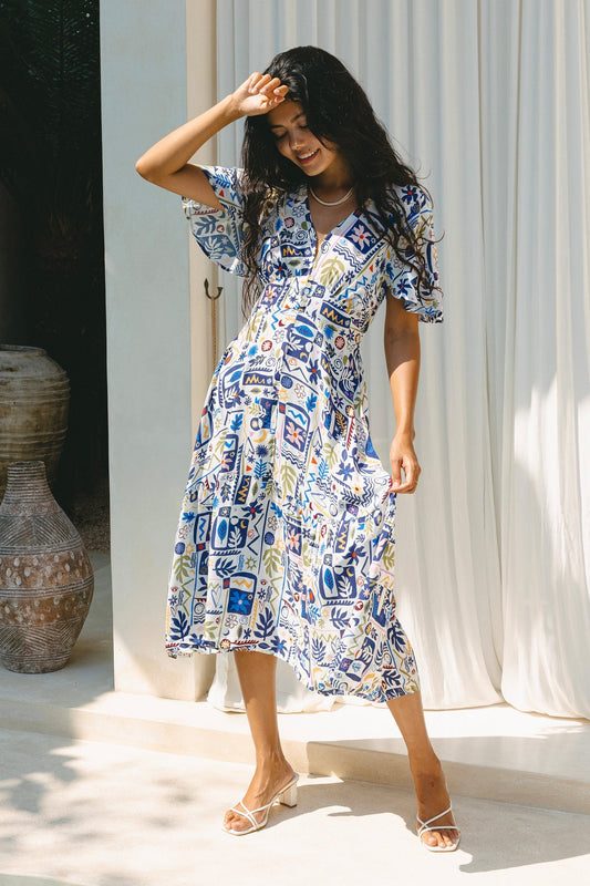 Heychic Zephyra Abstract Print V-Neck Midi Dress (Blue)