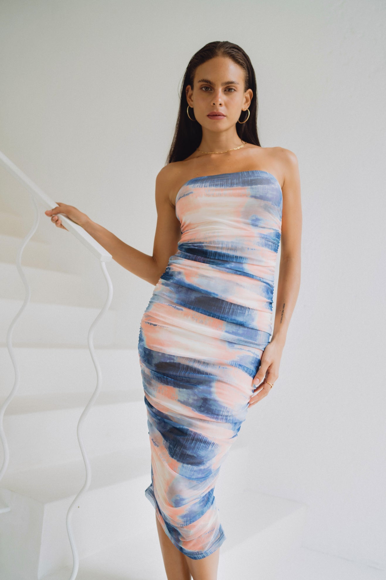 Heychic Kylie Abstract Mesh Ruched Bodycon Midi Dress (Blue)
