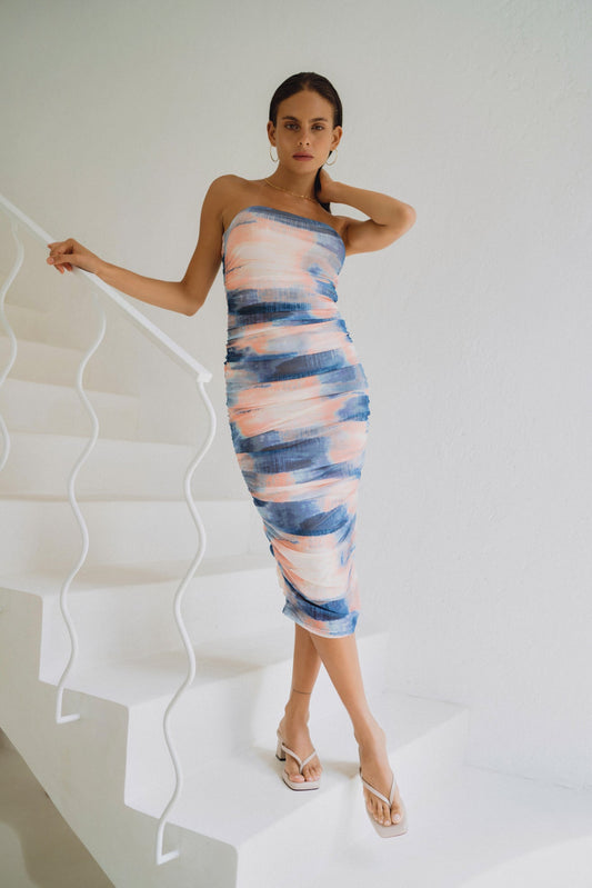 Image of Dresses. Productname: Heychic Kylie Blue Abstract Mesh Ruched Bodycon Midi Dress in Blue colour by brand - Heychic