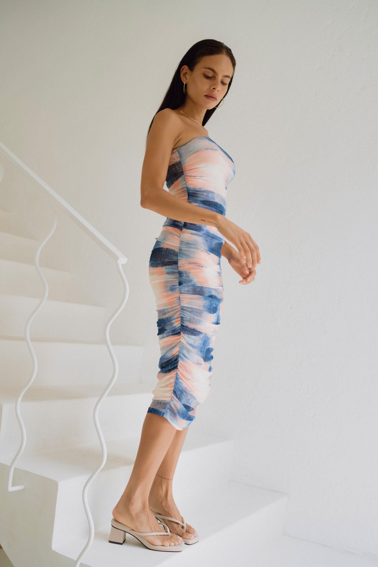 Heychic Kylie Abstract Mesh Ruched Bodycon Midi Dress (Blue)