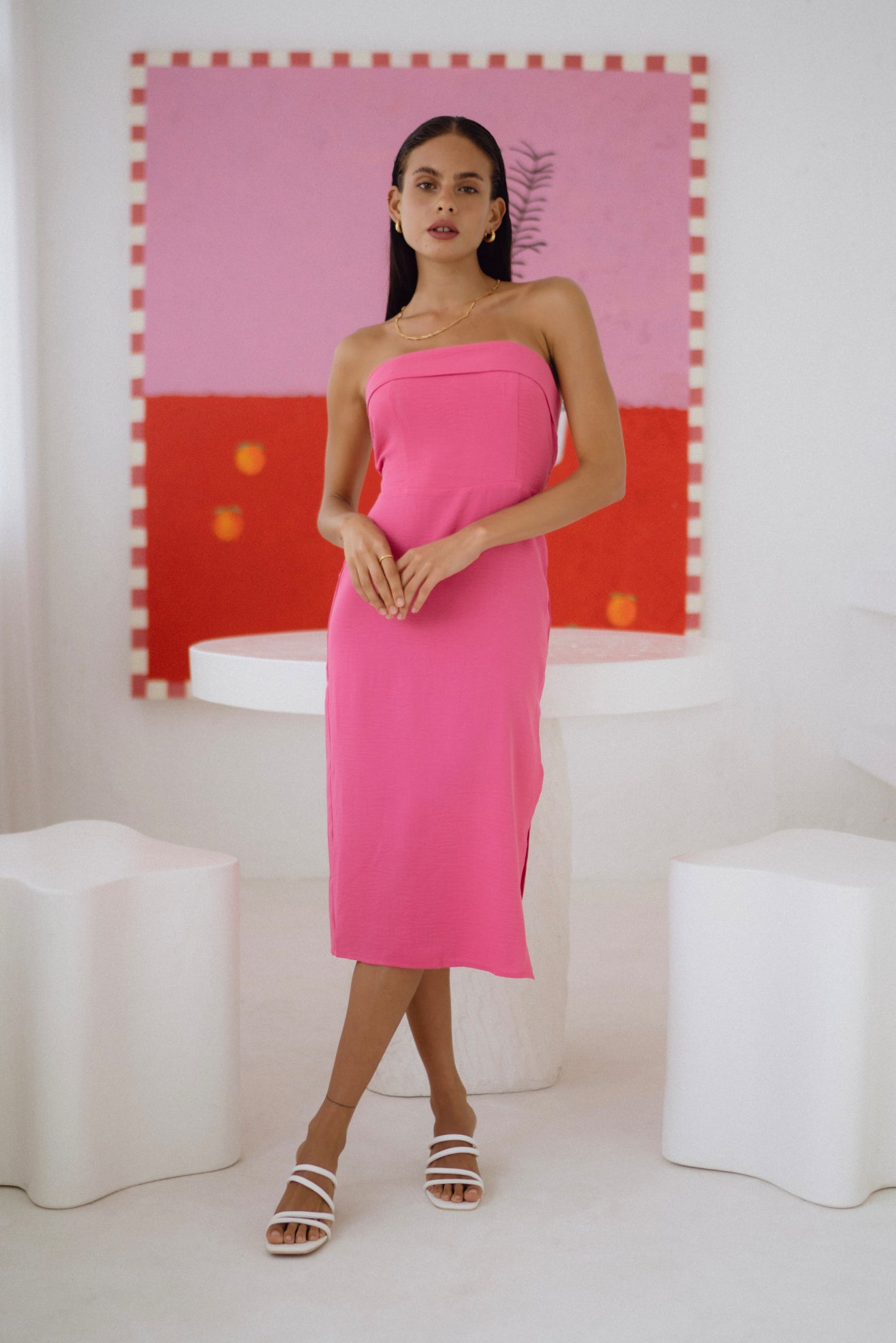 Image of Dresses. Productname: Heychic Natalie Hot Pink Strapless Midi Dress in Pink colour by brand - Heychic