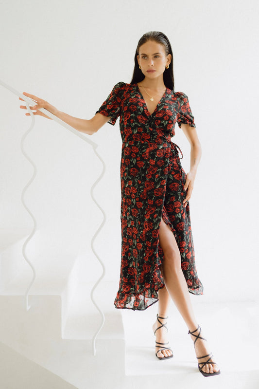Image of Dresses. Productname: Heychic Evelyn Black Red Floral Wrap Midi Dress in Black colour by brand - Heychic