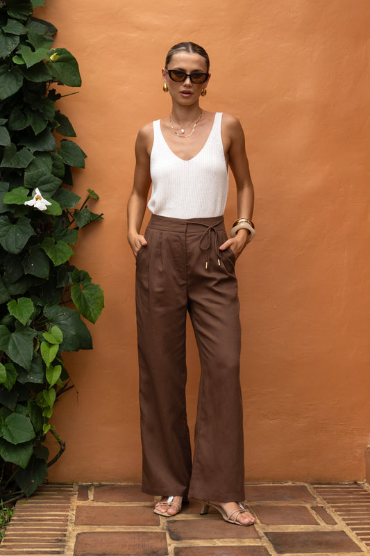 Image of a model wearing Pants. Productname: HEYCHIC Adela Tie Detail Brown Pants in Brown colour by brand - HEYCHIC