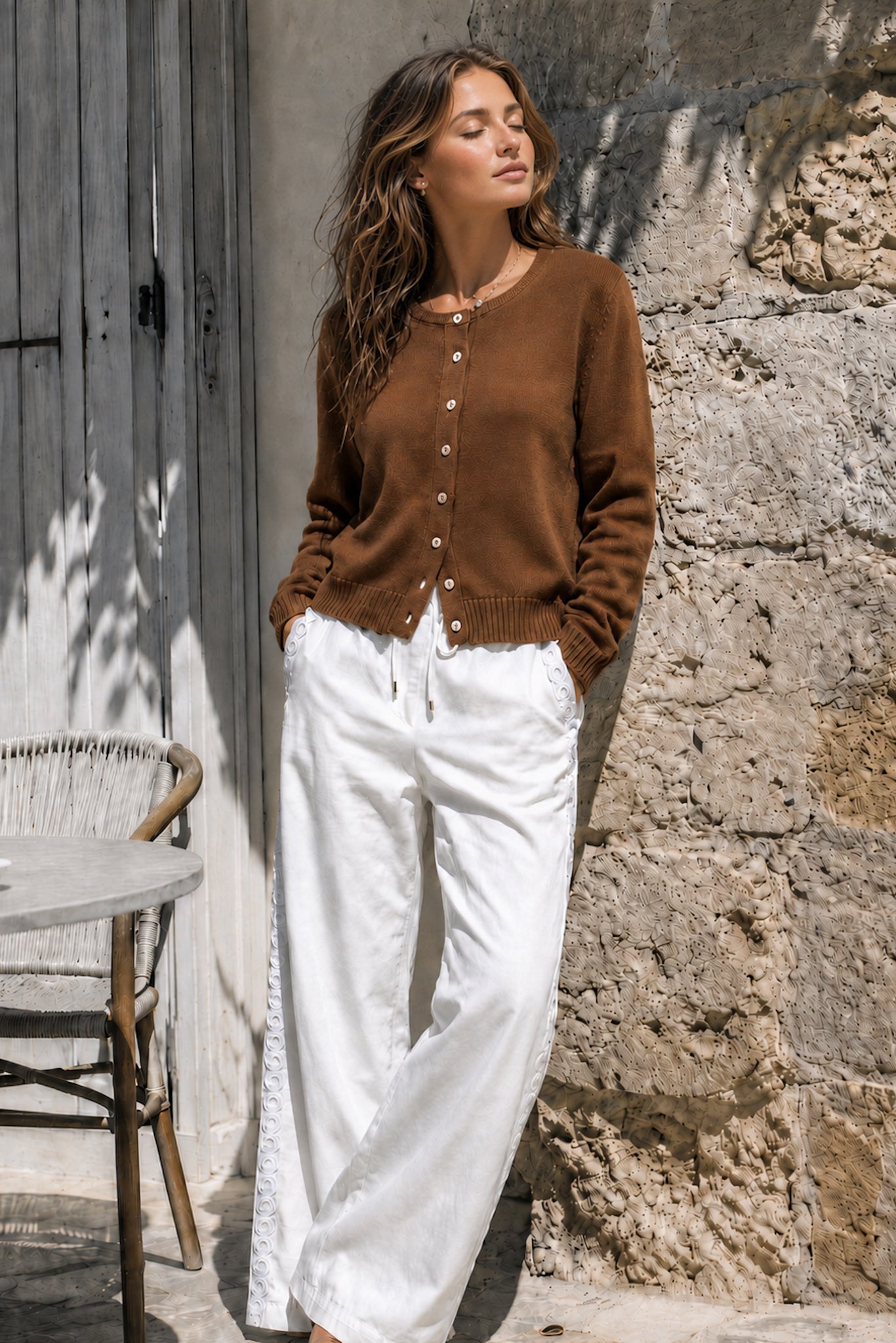 Image of a model wearing Pants. Product name - Jia Cream Lace Detail Pants in Cream colour by brand - HEYCHIC