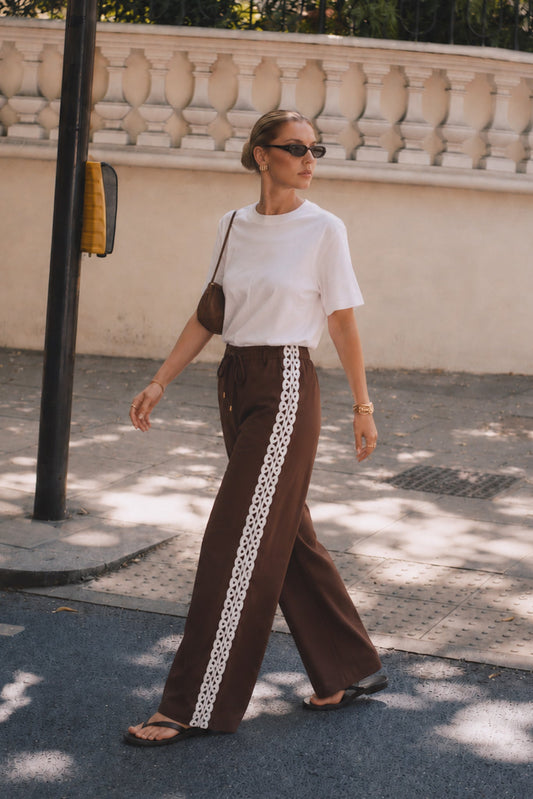 Image of a model wearing Pants. Product name - Jia Brown Lace Detail Pants in Brown colour by brand - HEYCHIC