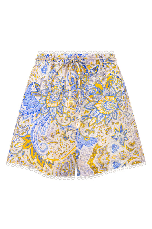 Image of a model wearing Shorts. Product name - Azul Blue Paisley Shorts in Blue colour by brand - HEYCHIC