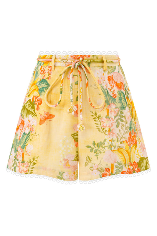Image of a model wearing Shorts. Product name - Sunfire Yellow Floral Shorts in Floral colour by brand - HEYCHIC
