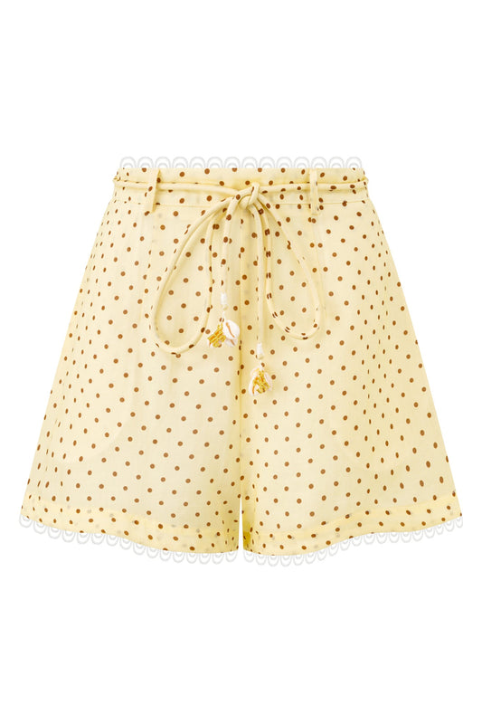 Image of a model wearing Shorts. Product name - Miel Polka Dot Shorts in Shorts colour by brand - HEYCHIC