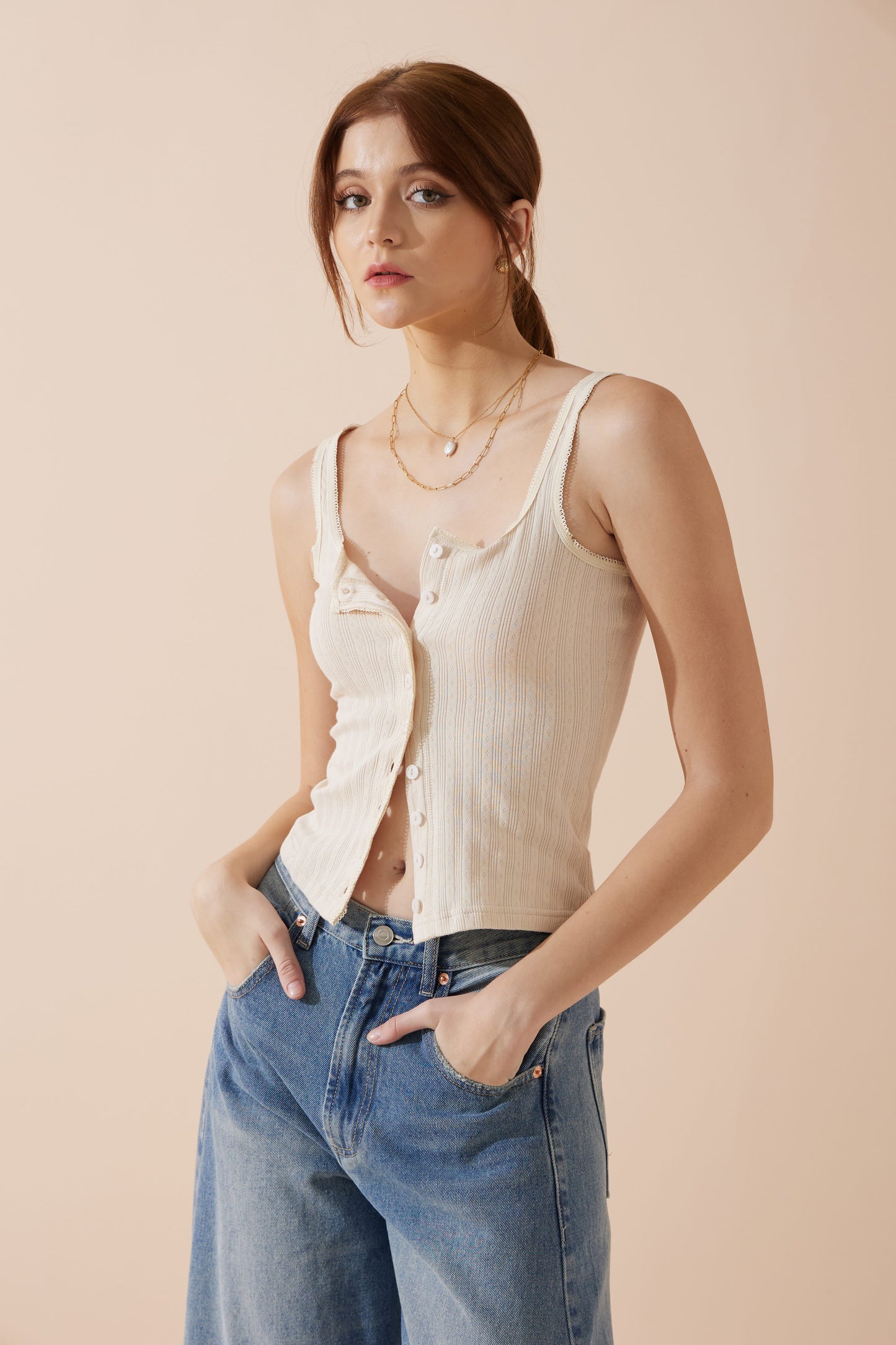 Heychic Sadie Button Tank Top (Beige)