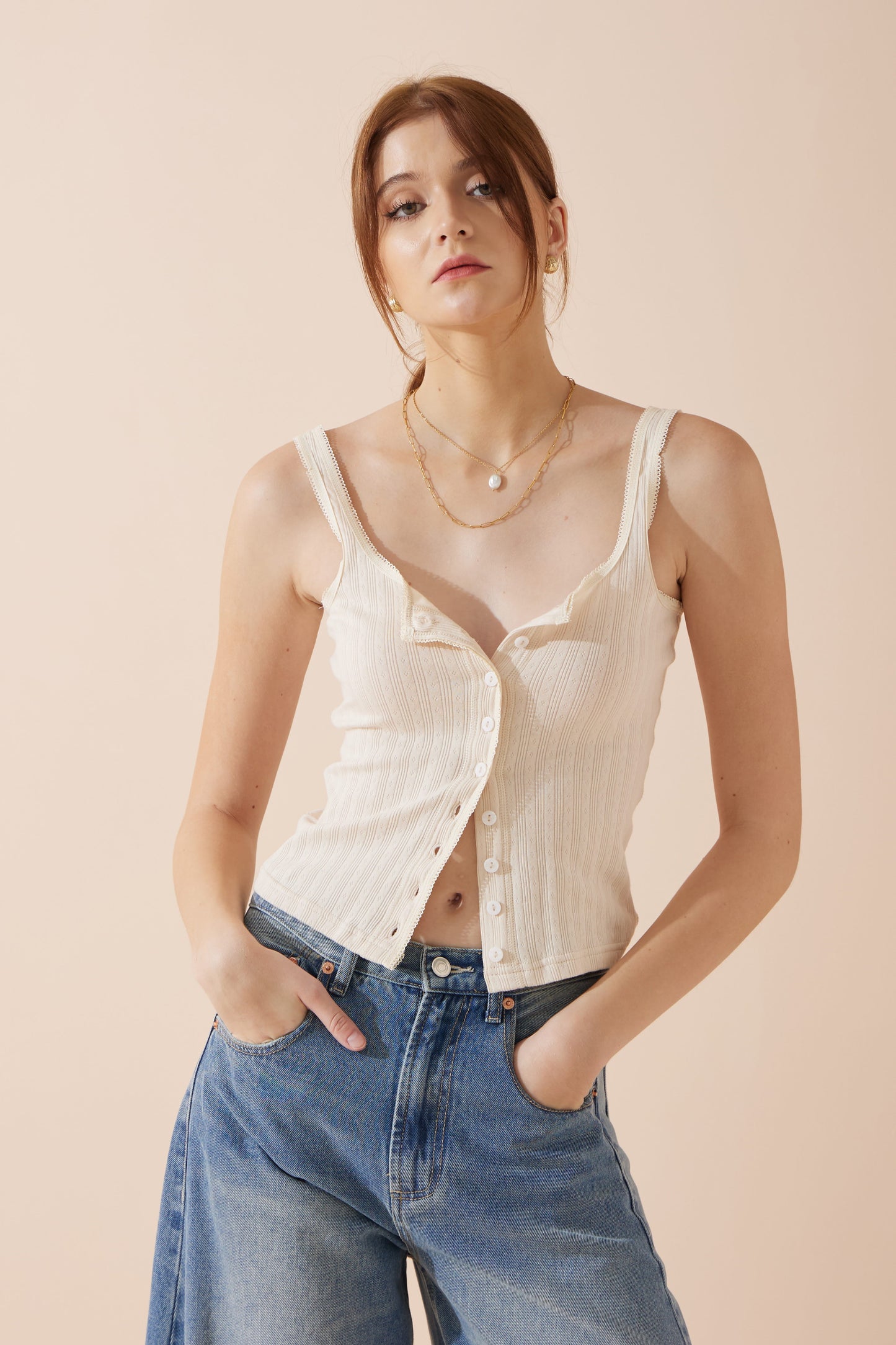 Heychic Sadie Button Tank Top (Beige)