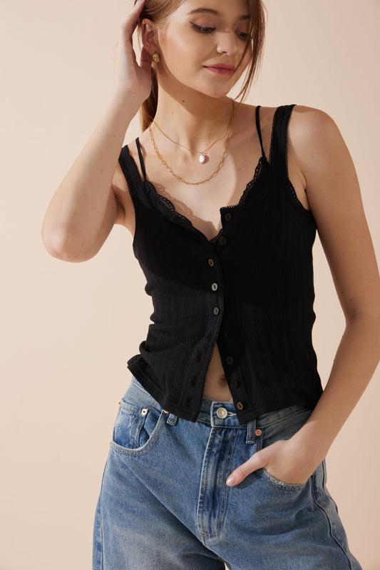 Image of a model wearing Tops. Productname: Heychic Sadie Button Tank Top in Black colour by brand - Heychic