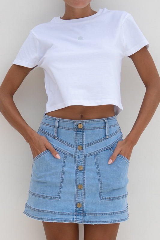 Image of a model wearing Shorts. Productname: Heychic Hayden Light Blue Denim A-Line Mini Skirt in Blue colour by brand - Heychic