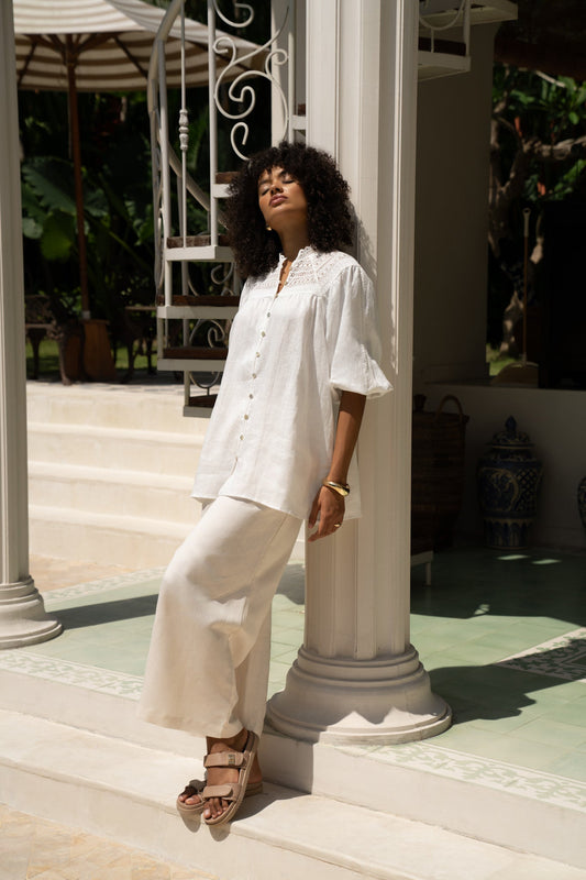 Image of a model wearing Tops. Productname: Heychic Winelle White Lace Detail Blouse in White colour by brand - Heychic