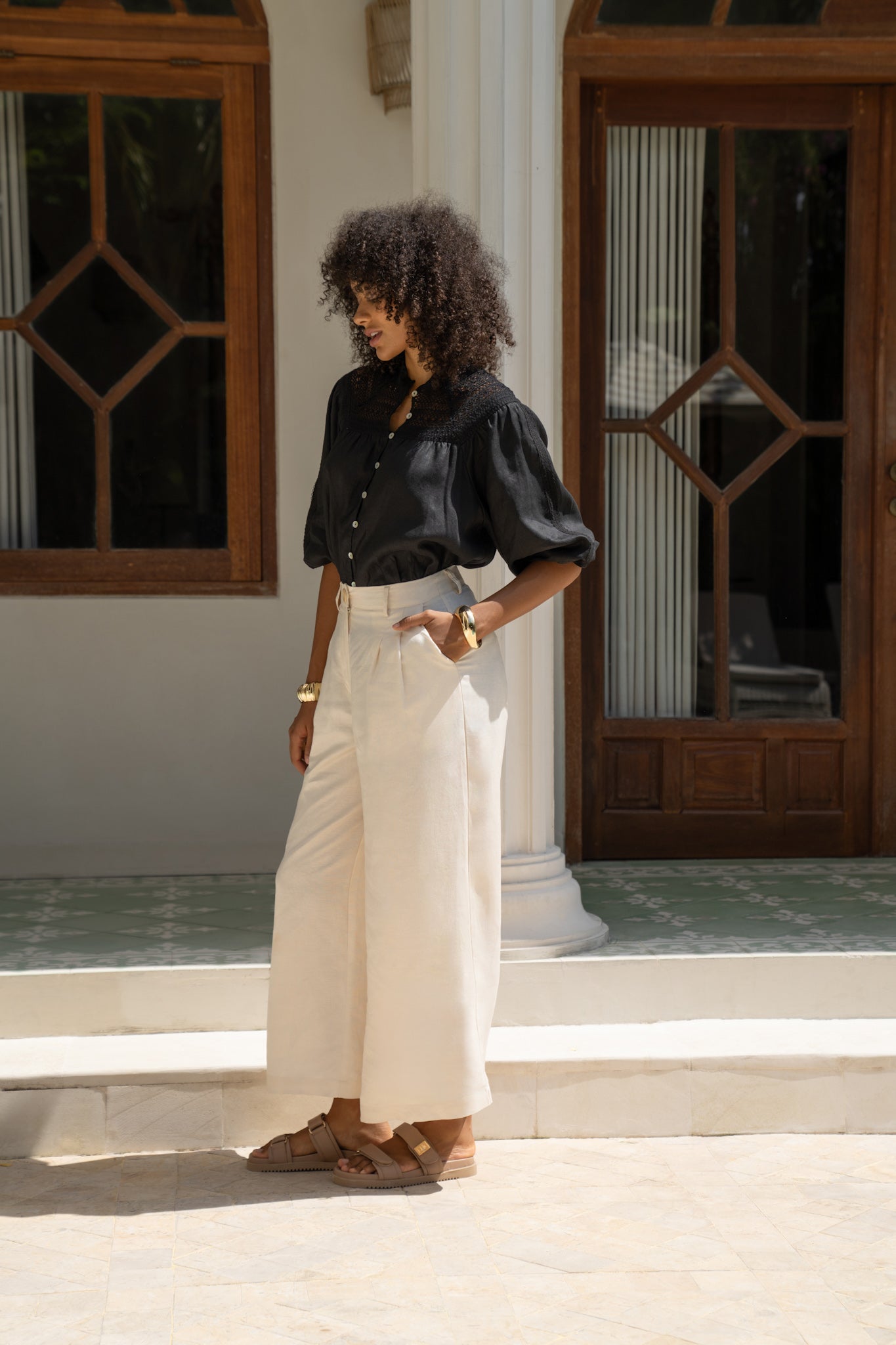Image of a model wearing Tops. Productname: Heychic Winelle Black Lace Detail Blouse in Black colour by brand - Heychic