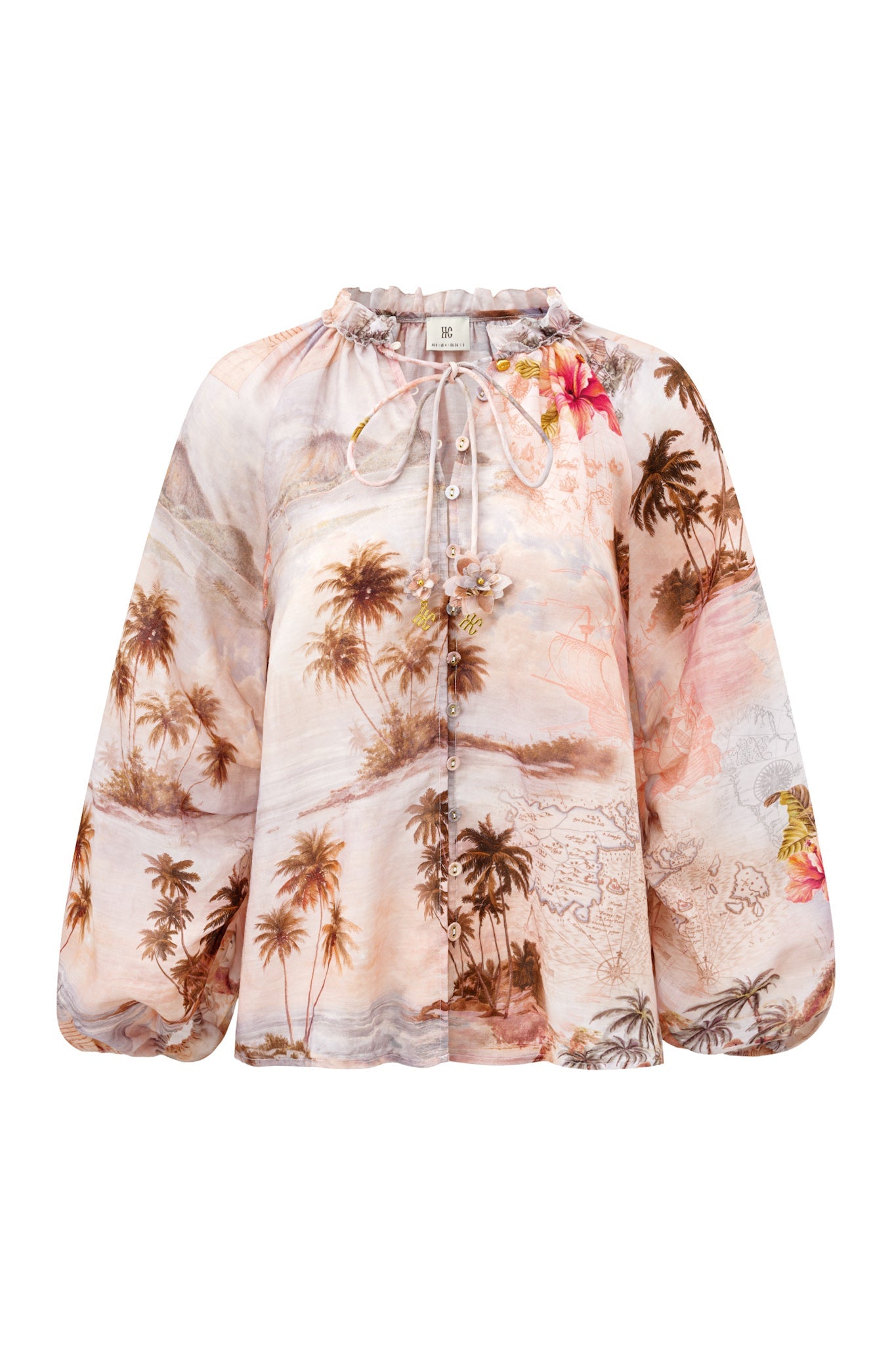 Image of a model wearing Tops. Product name - Horizon Pink Tropical Blouse in Pink colour by brand - HEYCHIC