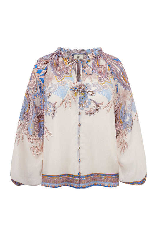Image of a model wearing Tops. Product name - Bondi Blue Boho Blouse in Blue colour by brand - HEYCHIC