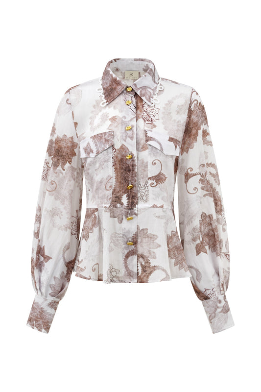 Image of a model wearing Tops. Product name - Earth Paisley Brown Shirt in Brown colour by brand - HEYCHIC