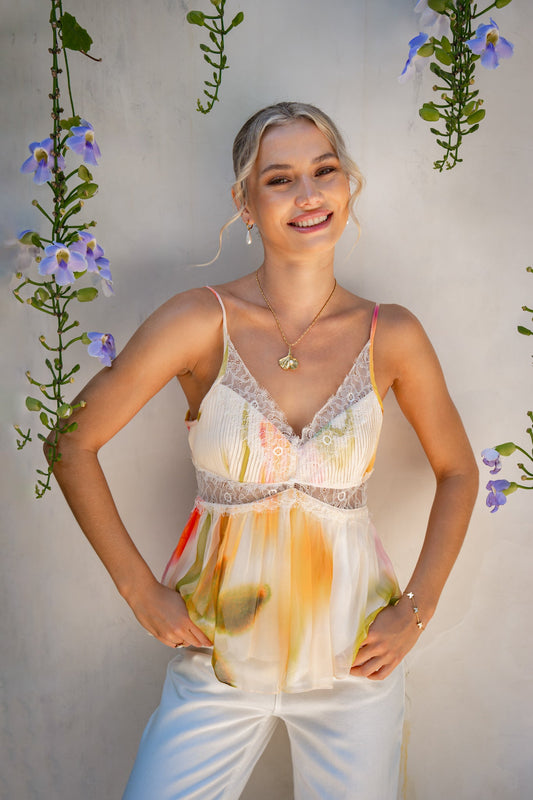 Image of a model wearing Tops. Product name - Golden Multi Floral Cami Top in Floral colour by brand - HEYCHIC