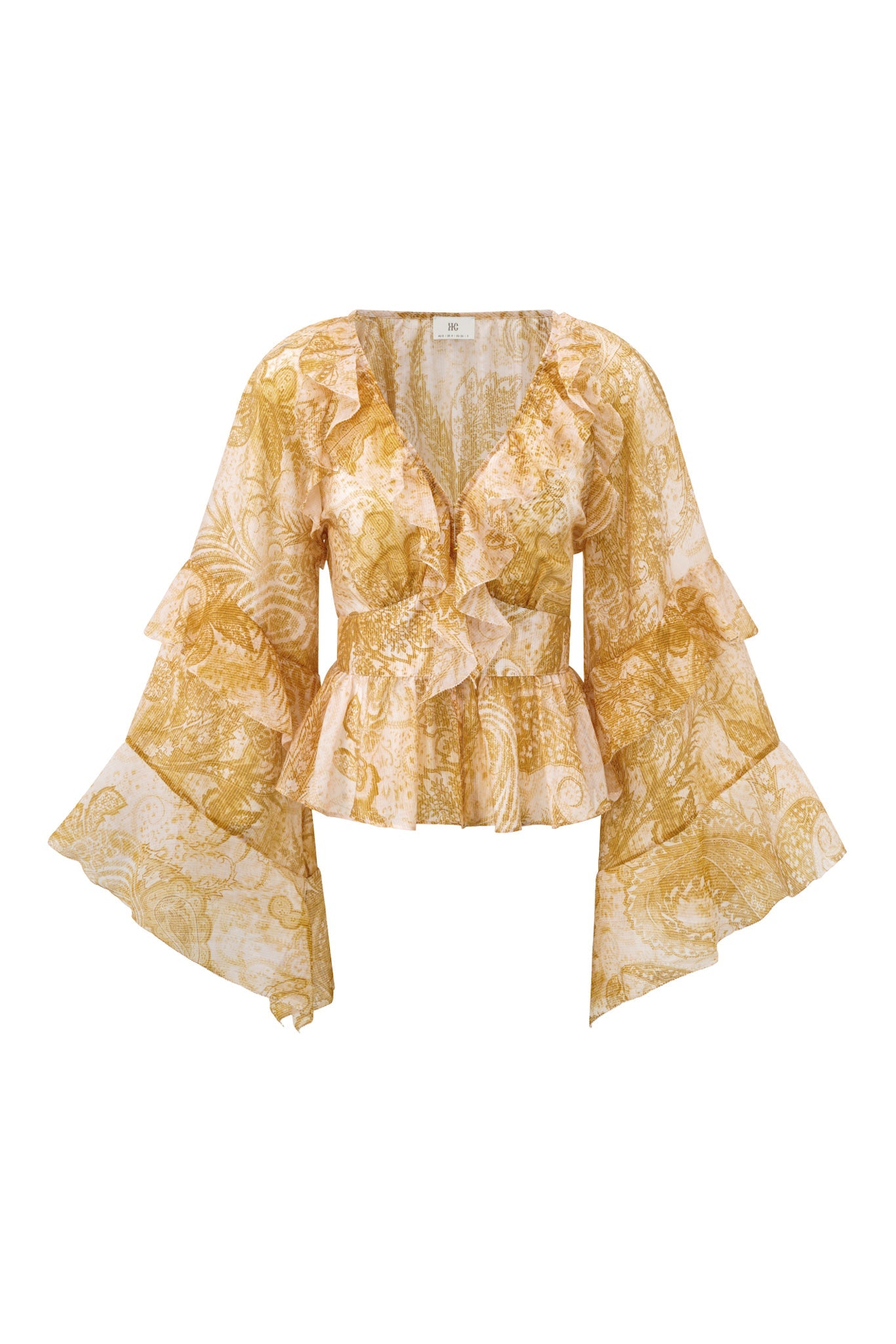 Image of a model wearing Tops. Product name - Sunwoven Paisley Ruffle Blouse in Blouse colour by brand - HEYCHIC