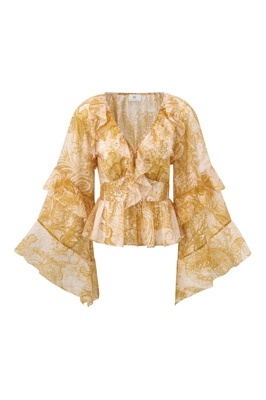 Image of a model wearing Tops. Product name - Sunwoven Paisley Ruffle Blouse in Blouse colour by brand - HEYCHIC