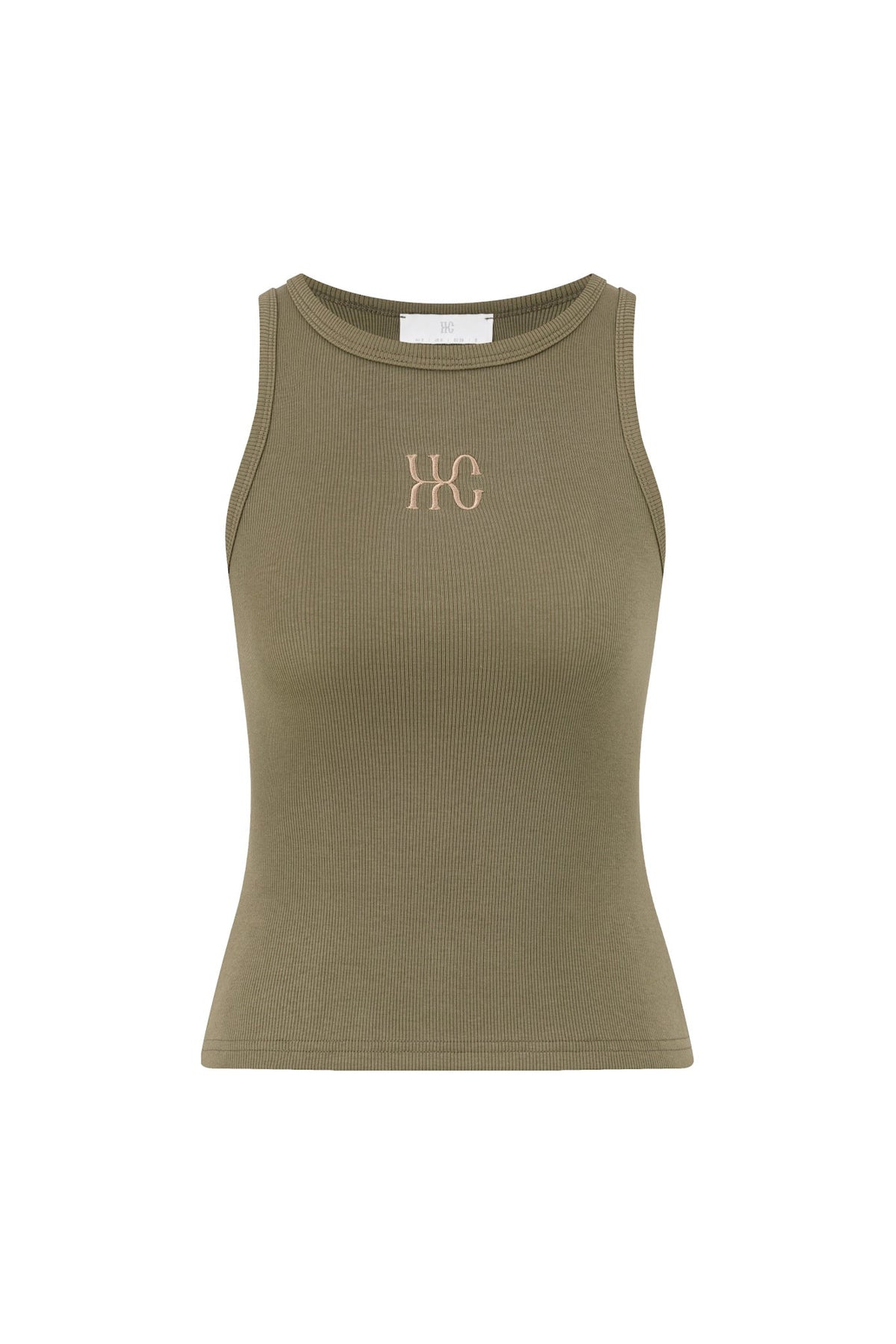 Image of a model wearing Tops. Product name - HC Khaki Tank Top in Khaki colour by brand - HEYCHIC