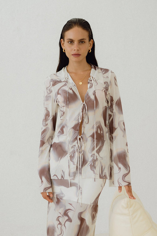 Heychic Aria Abstract Marble Mesh Tie Top (Brown)