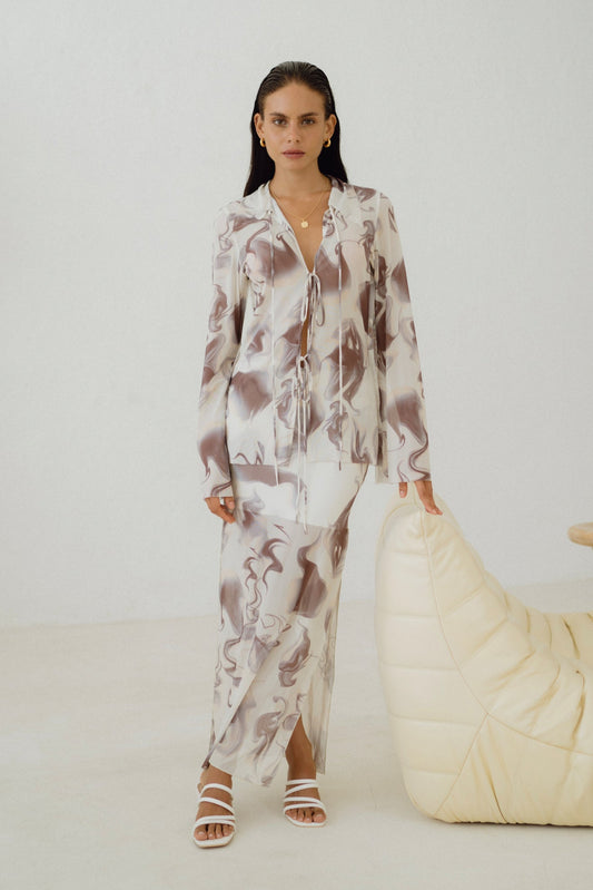 Heychic Aria Abstract Marble Mesh Maxi Skirt (Brown)