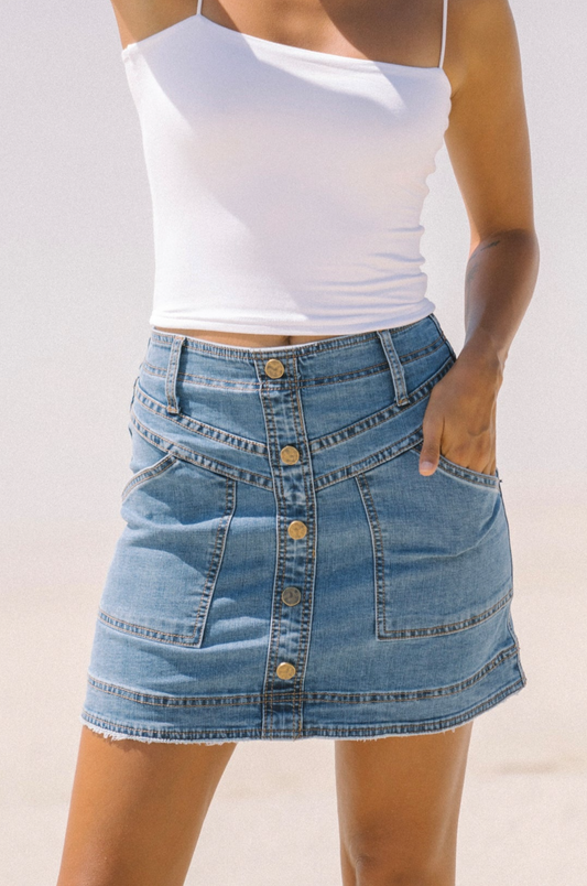 Image of a model wearing Shorts. Productname: Heychic Hayden Blue Denim A-Line Mini Skirt in Blue colour by brand - Heychic
