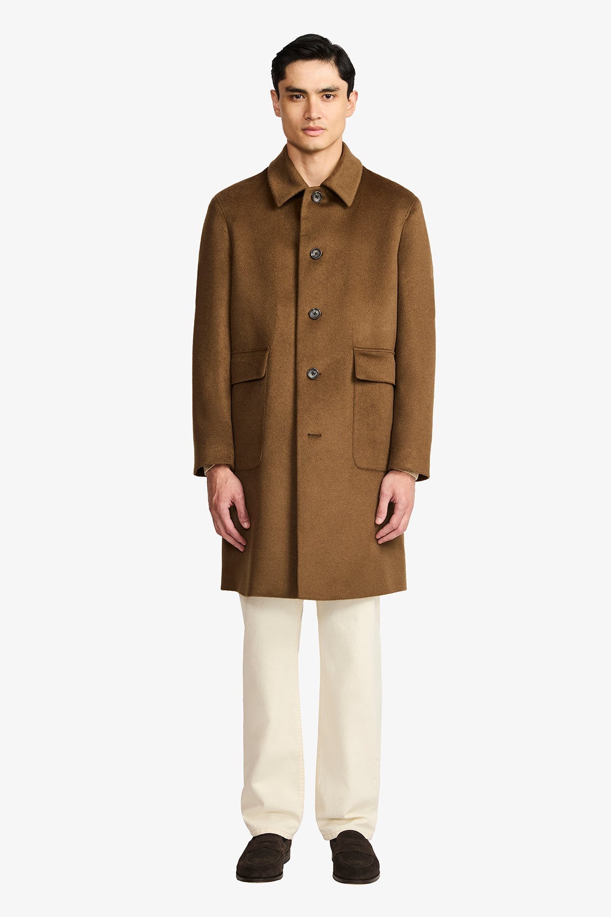 Image of a model wearing Outerwear. Productname: Hale Wool/Cashmere Coat in Oat colour by brand - Anthony Squires