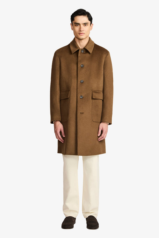 Image of a model wearing Outerwear. Productname: Hale Wool/Cashmere Coat in Oat colour by brand - Anthony Squires