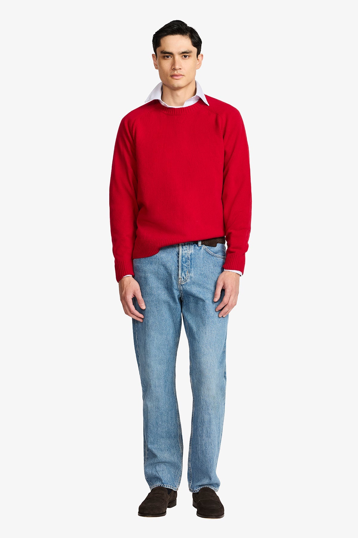 Image of a model wearing Tops. Productname: Harlan Red Crew Kneck Knit in Red colour by brand - Anthony Squires