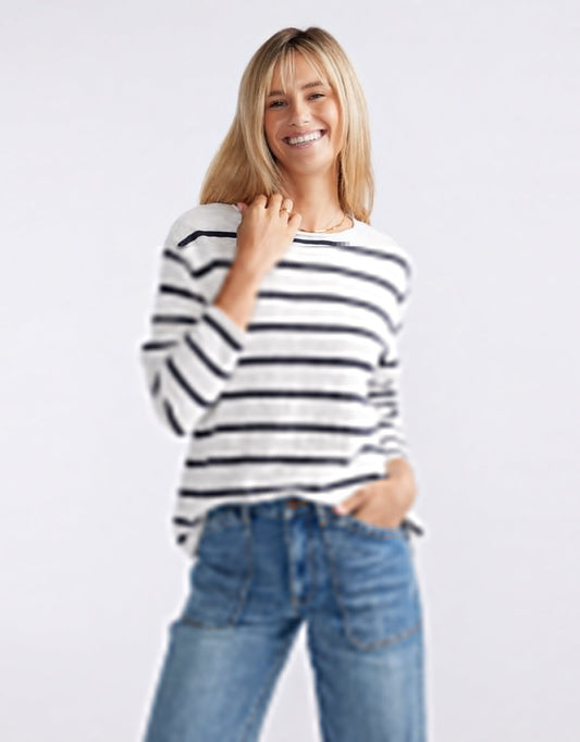 Image of a model wearing Tops. Product name - Harper Sweater Stripe in Stripe colour by brand - White by FTL