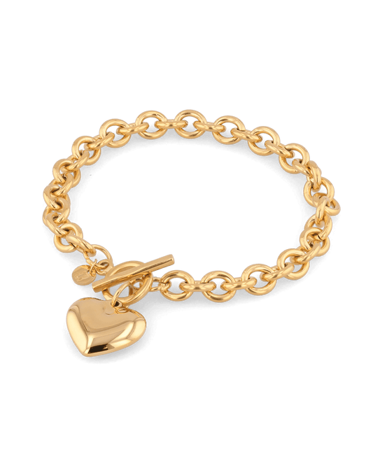 Image of Bracelets. Product name - Heart Tag T-bar Gold Chain Bracelet in colour by brand - LAVANA