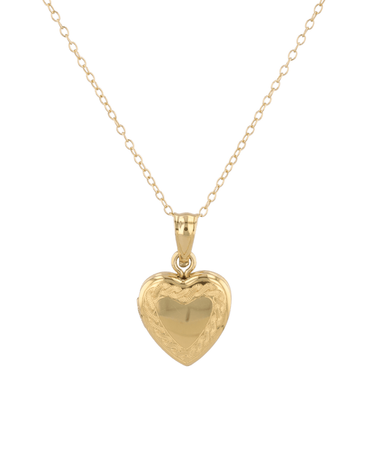 Image of Necklaces. Product name - Heirloom Etched Heart Locket Necklace Gold in colour by brand - LAVANA