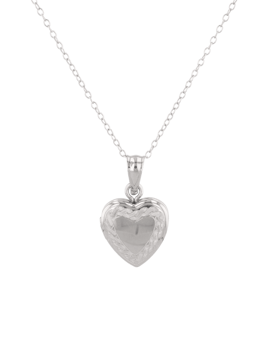 Image of Necklaces. Product name - Heirloom Etched Heart Locket Necklace Silver in colour by brand - LAVANA