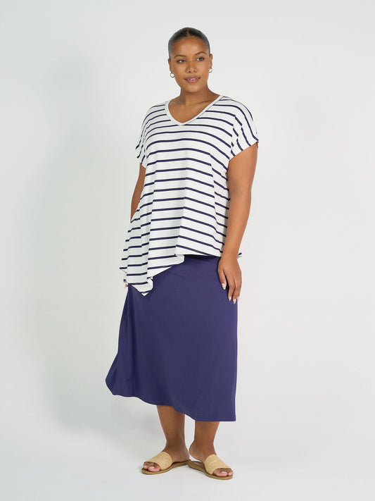 Lou Lou Holiday Asymmetrical Bamboo V-Neck T-Shirt (Blue & White Stripe)
