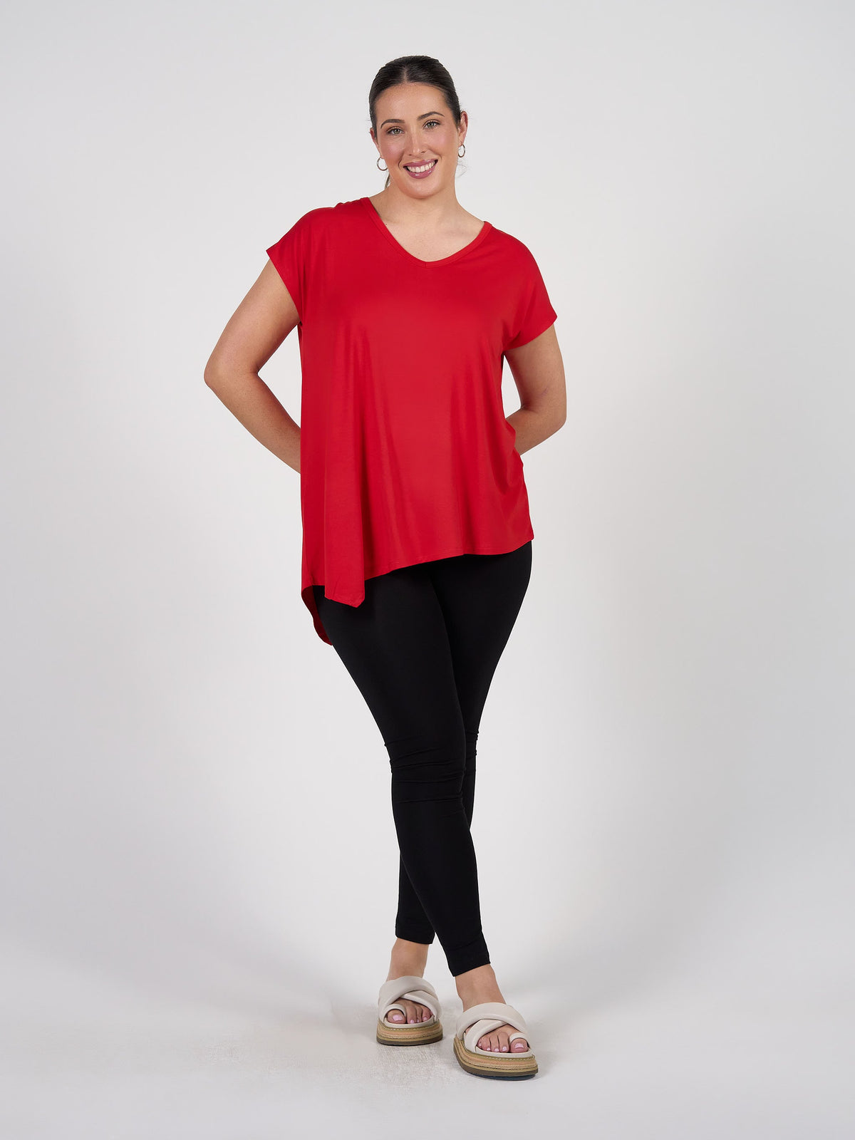 Lou Lou Holiday Asymmetrical Bamboo V-Neck T-Shirt (Fiery Red)