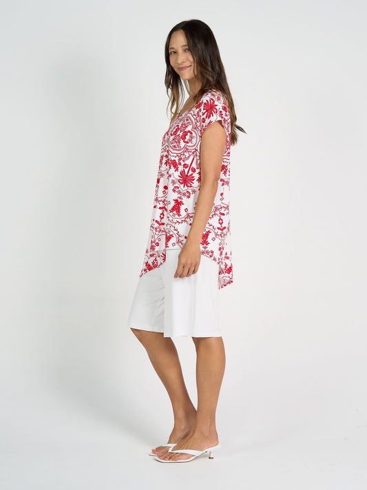 Lou Lou Holiday Asymmetrical Bamboo V-Neck T-Shirt (Lipstick Palm)