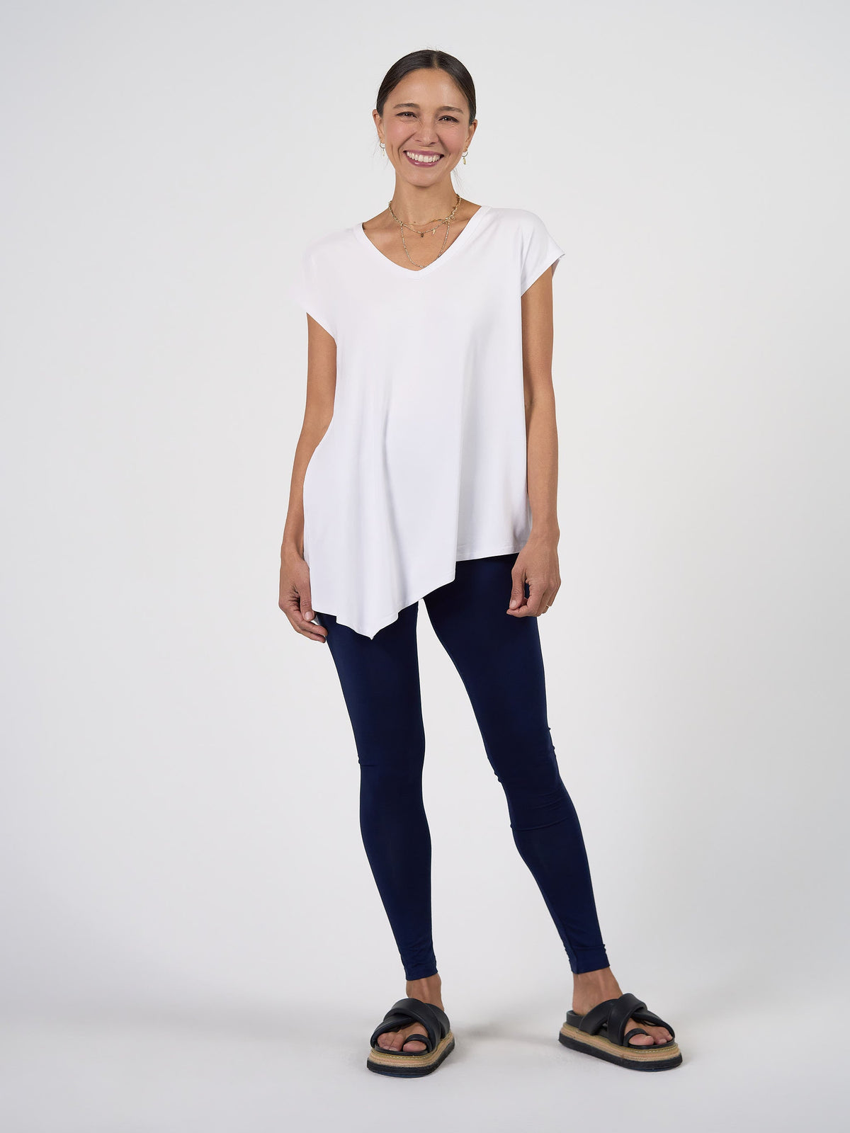 Lou Lou Holiday Asymmetrical Bamboo V-Neck T-Shirt (White)