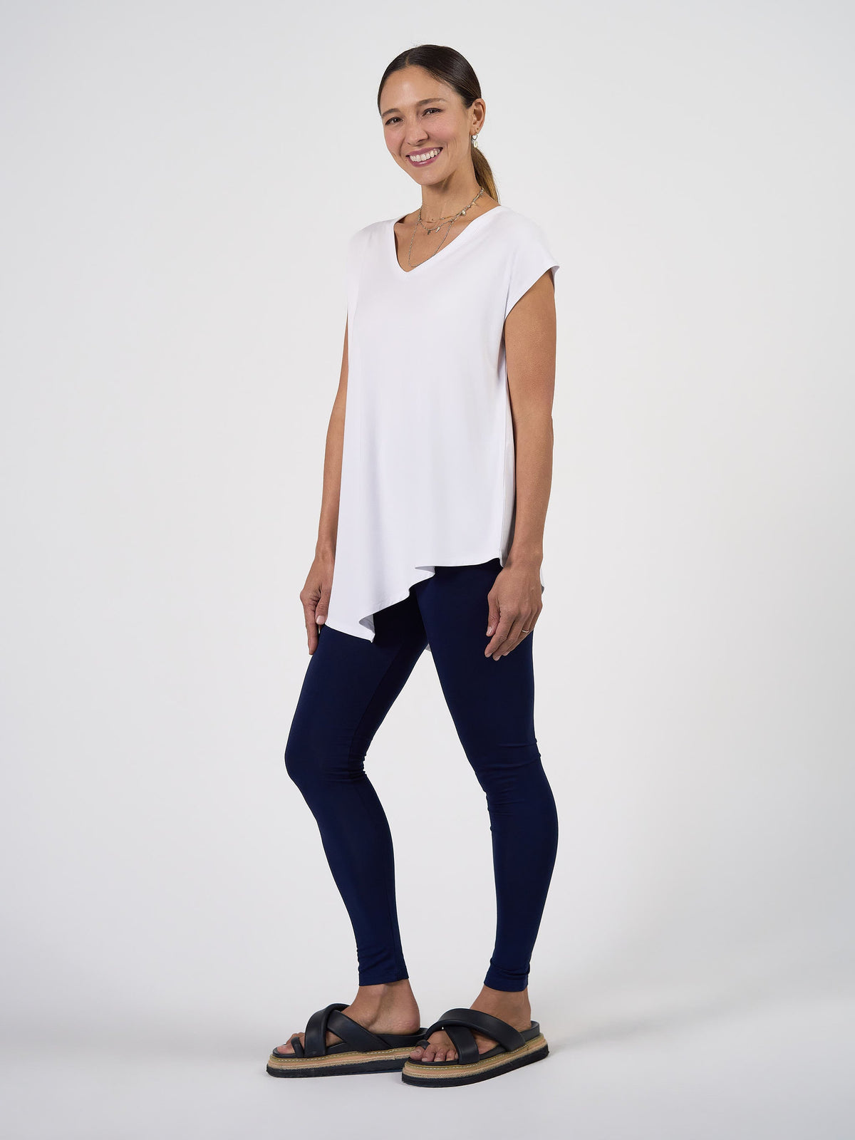 Lou Lou Holiday Asymmetrical Bamboo V-Neck T-Shirt (White)