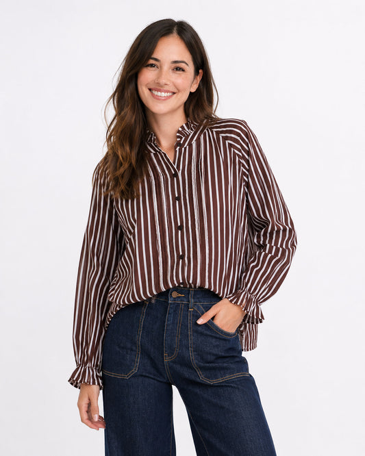 Image of Shirts. Product name - Holly Blouse Choc/White Stripe in Choc/White colour by brand - 132 Fashion