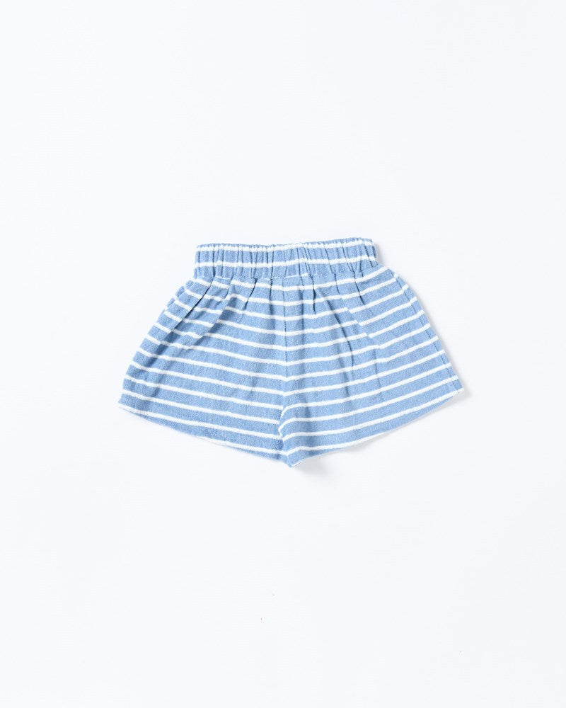 Image of a model wearing Shorts. Productname: Walnut Melbourne Huey Short in Terry Stripe Blue colour by brand - Walnut Melbourne