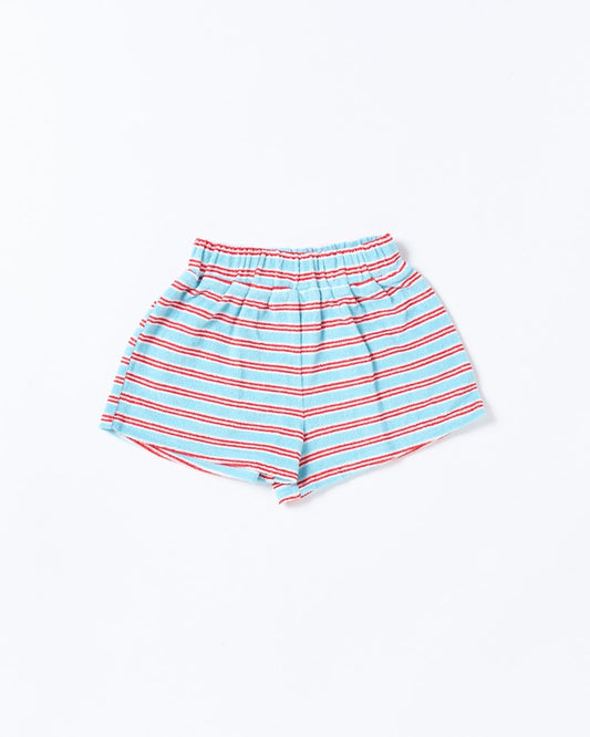 Image of a model wearing Shorts. Productname: Walnut Melbourne Huey Short in Terry Stripe Red colour by brand - Walnut Melbourne