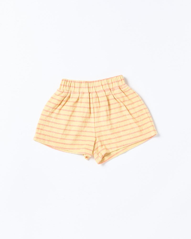 Image of a model wearing Shorts. Productname: Walnut Melbourne Huey Short in Terry Stripe Yellow colour by brand - Walnut Melbourne
