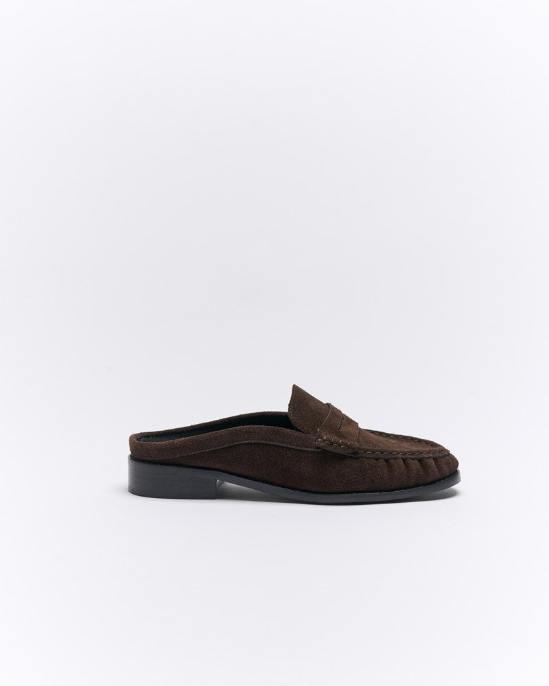 Image of Sandals. Productname: Hugo Leather Mule in Bitter Chocolate Suede colour by brand - Walnut Melbourne