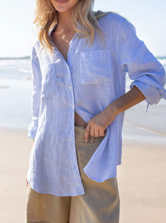 Hut Stripe Linen Boyfriend Shirt (Baby Blue)