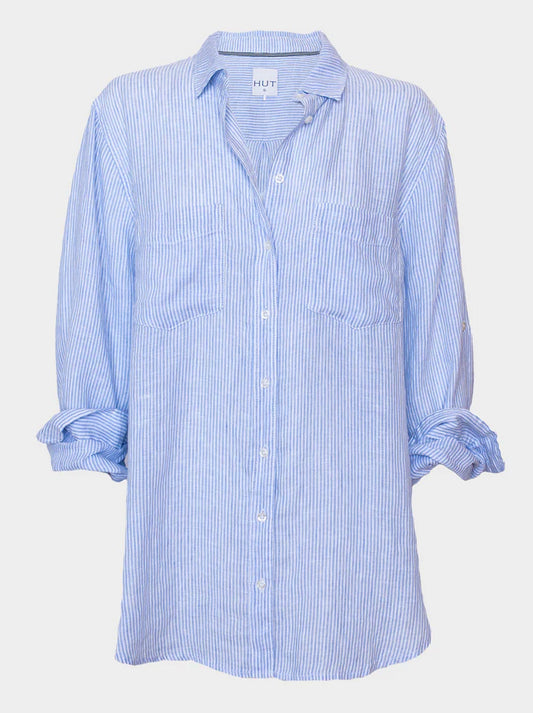 Hut Stripe Linen Boyfriend Shirt (Baby Blue)